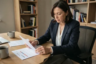 Femme en tenue sombre planifiant des congés pour un enterrement avec un calendrier imprimé sur un bureau en bois