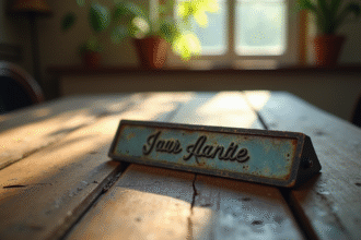 Plaque en metal ancienne sur bois avec lumiere naturelle