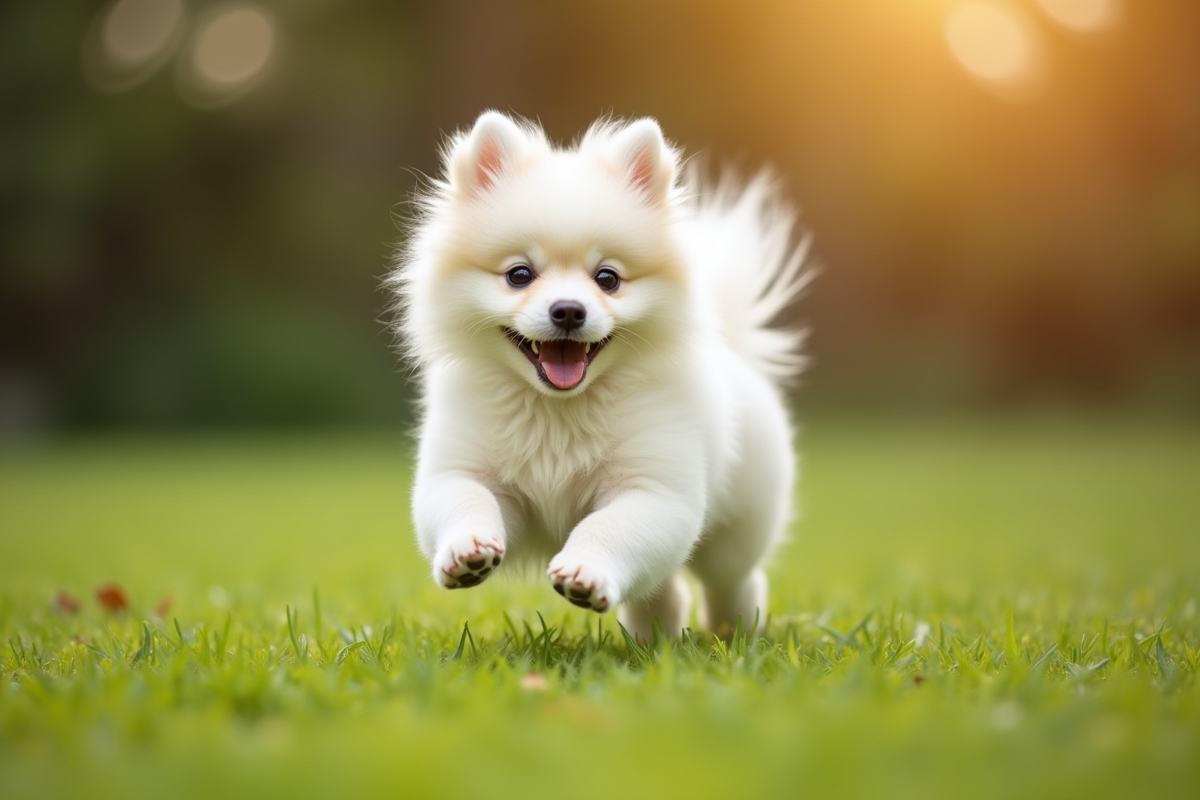 Chiot pomeranian blanc courant dans un jardin vert