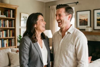 Portrait intime d'un couple souriant dans leur salon, illustrant la vie privée d'une journaliste et de son mari