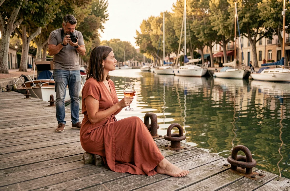 Séance portrait d'une femme assise sur un quai du canal de Sète lors d'une session photo professionnelle