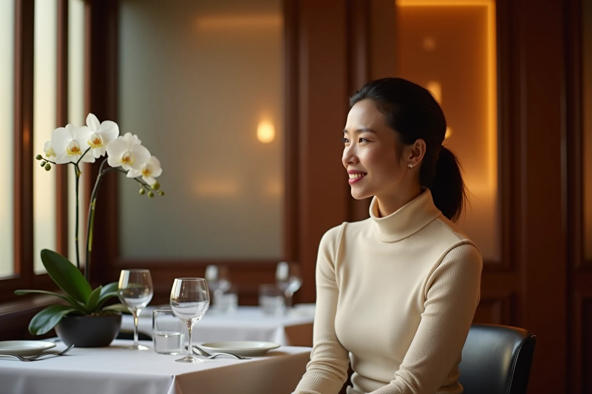 Portrait d'une femme sophistiquée attablée seule dans un restaurant gastronomique feutré, illustrant la discrétion et les spéculations entourant un profil public réservé