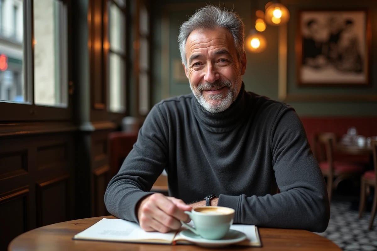 Portrait d'un homme élégant attablé dans une brasserie parisienne classique avec carnet et café