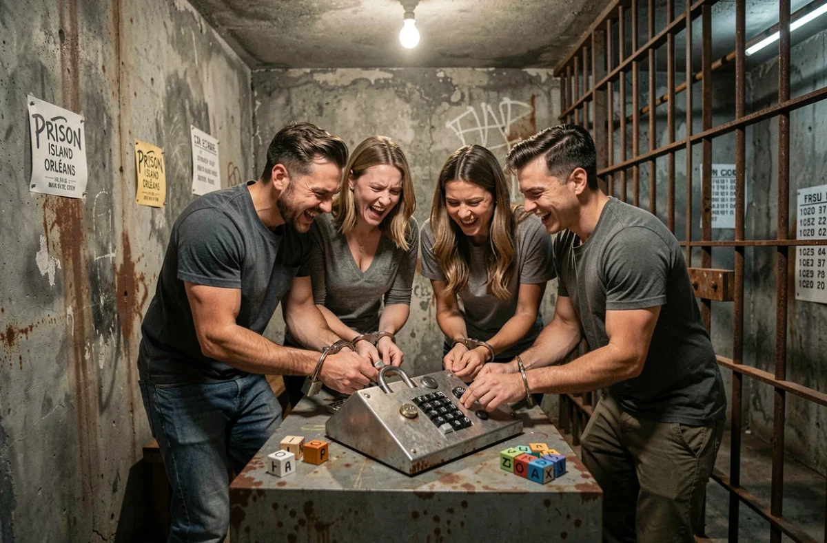 Un groupe d'adultes résolvant des énigmes dans une cellule immersive de Prison Island Orléans