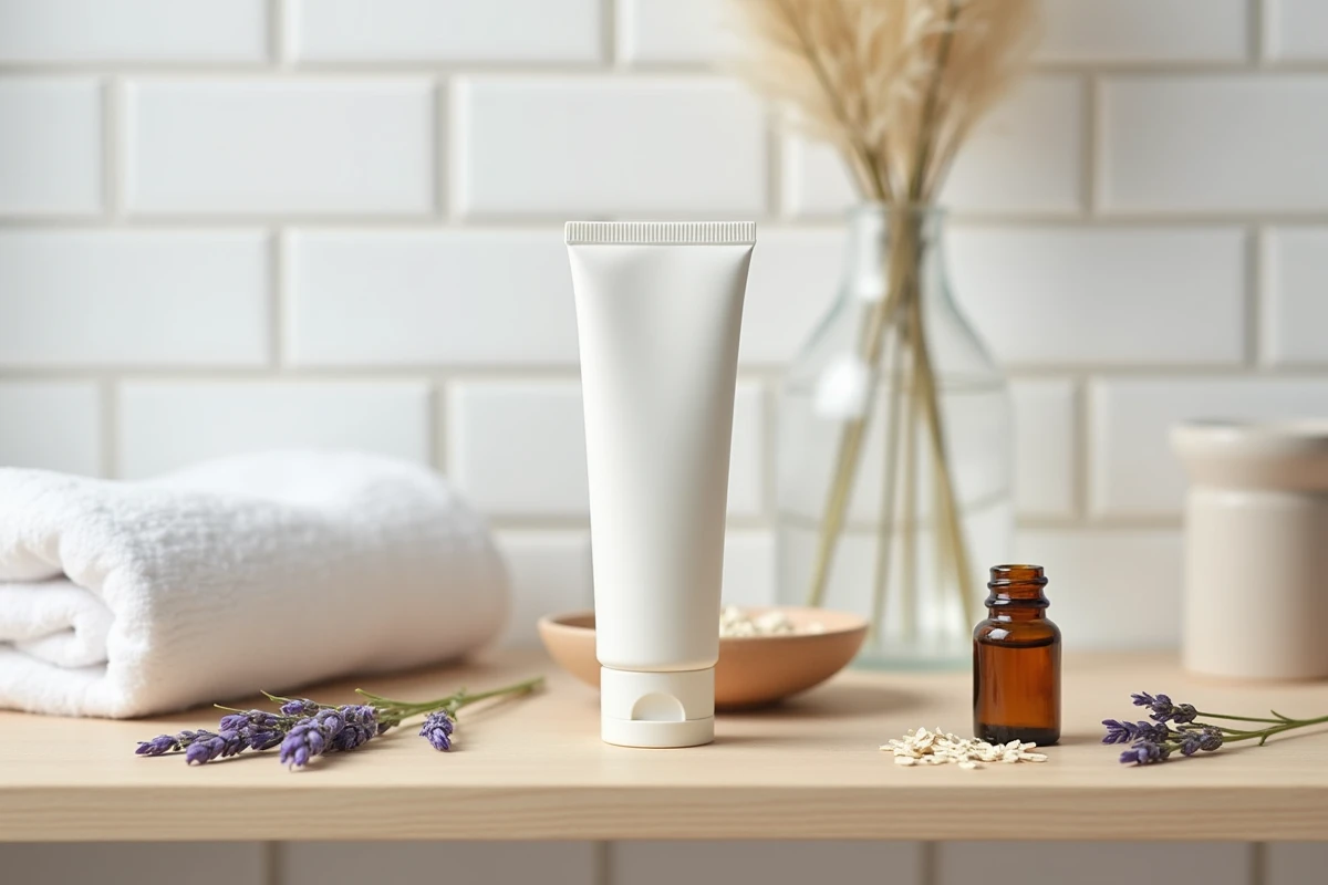 Produits répulsifs naturels pour bébé à peau atopique posés sur une étagère de salle de bain avec des ingrédients apaisants