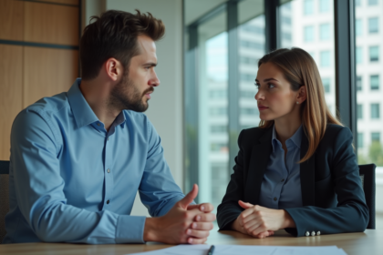 Deux jeunes professionnels en discussion sérieuse au bureau