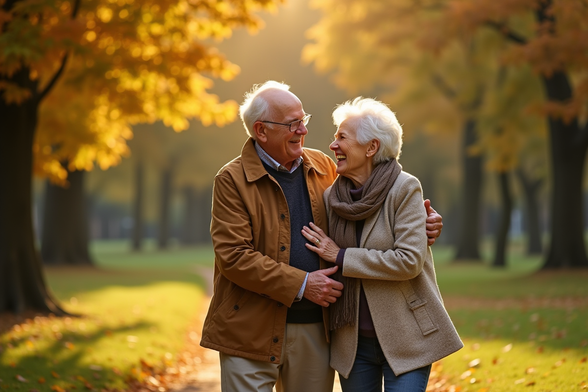 Couple de seniors marchant dans un parc automnal