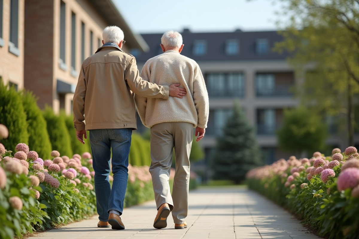 Père âgé avec son fils dans un jardin fleuri