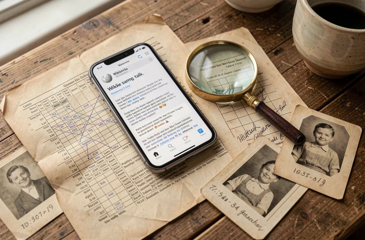 Vue en plongée d'une table de recherche avec smartphone affichant Wikipedia, arbres généalogiques imprimés et photos anciennes liées aux rumeurs sur Jean Jacques Trogneux