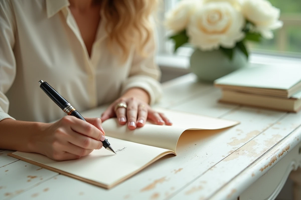 Femme rédigeant un message tendre dans une carte de baptême pour garçon à un bureau vintage avec des pivoines blanches