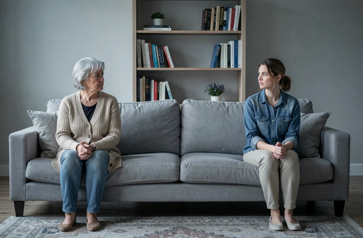Deux femmes adultes assises à distance sur un canapé dans un salon, tension silencieuse illustrant la relation difficile entre parent et enfant adulte