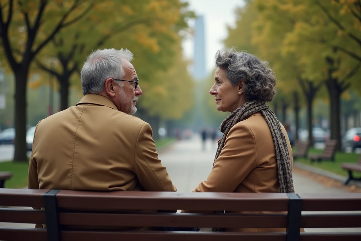 Homme et femme discutant dans un parc urbain