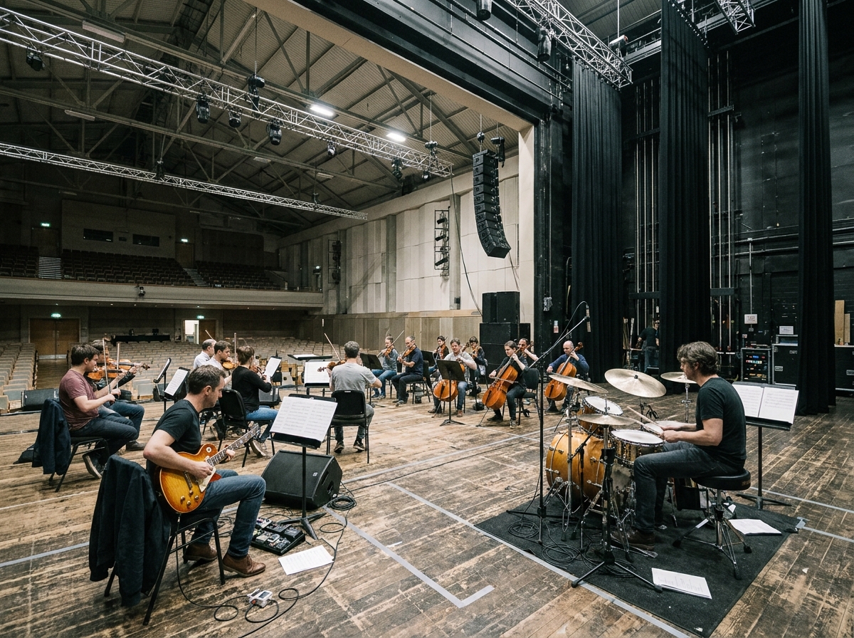 Orchestre symphonique et groupe de rock en répétition commune sur scène, mêlant instruments à cordes et guitares électriques