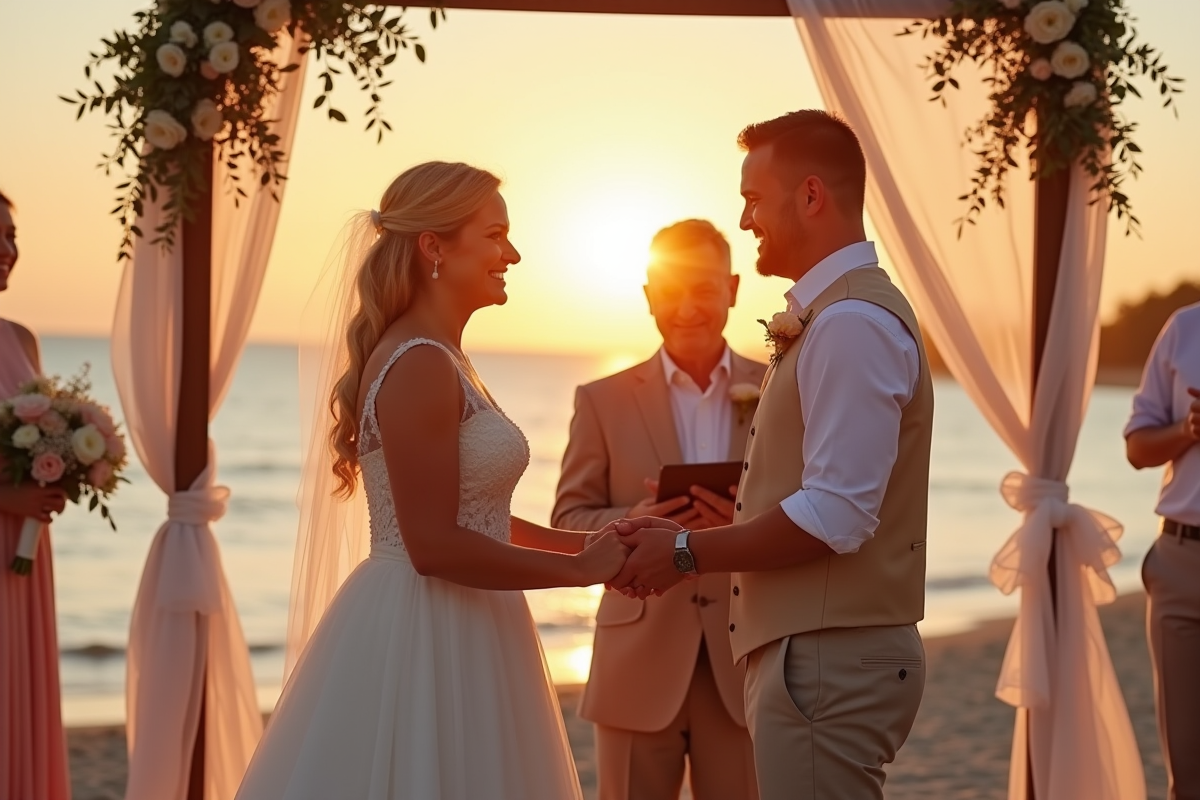 Couple renouvelant leurs vœux sur la plage au coucher du soleil