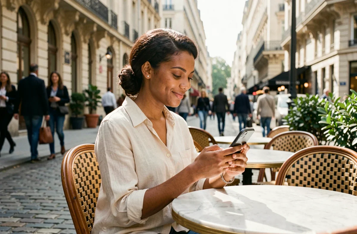 Jeune femme nord-africaine souriante à une terrasse de café parisienne, illustrant la vie quotidienne de Rym Ben Ameur