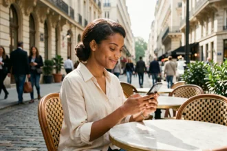 Jeune femme nord-africaine souriante à une terrasse de café parisienne, illustrant la vie quotidienne de Rym Ben Ameur