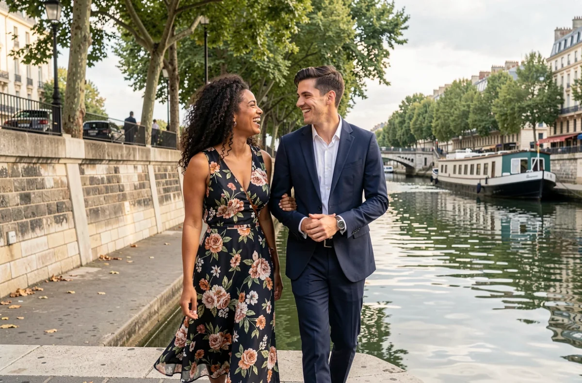 Couple se promenant le long des quais de Seine à Paris, évoquant la relation romantique de Rym Ben Ameur et son mari