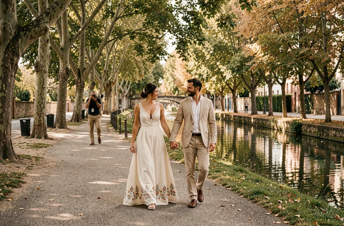 Séance photo de mariage romantique le long du Canal du Midi à Toulouse avec un photographe capturant le couple en mouvement