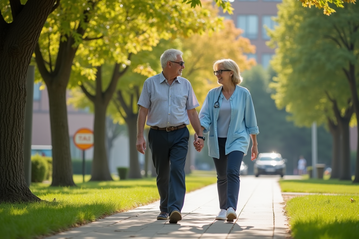 Senior marchant dans un parc urbain avec un aidant