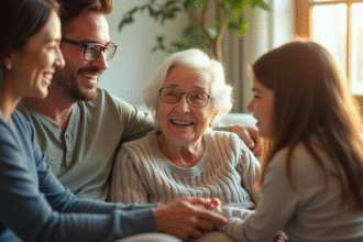 Seniors en famille dans un salon lumineux et chaleureux