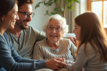 Seniors en famille dans un salon lumineux et chaleureux