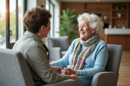 Femme âgée souriante avec sa fille dans un salon moderne