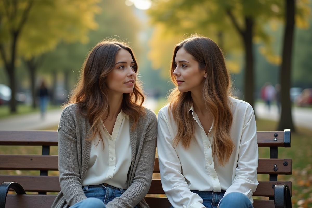 Deux soeurs discutant sur un banc dans un parc