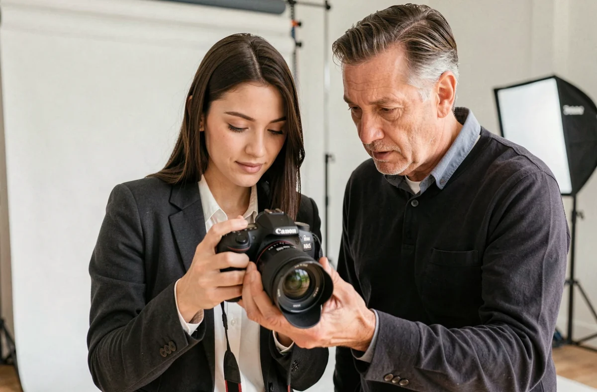 Jeune stagiaire photographe apprenant auprès d'un photographe professionnel en studio