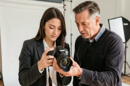 Jeune stagiaire photographe apprenant auprès d'un photographe professionnel en studio
