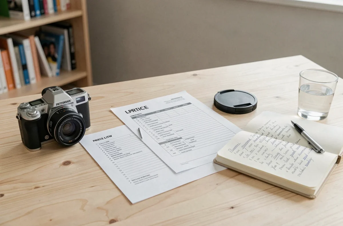 Documents contractuels et tarifs d'un photographe nouveau-né posés sur un bureau en bois clair lors d'une consultation client