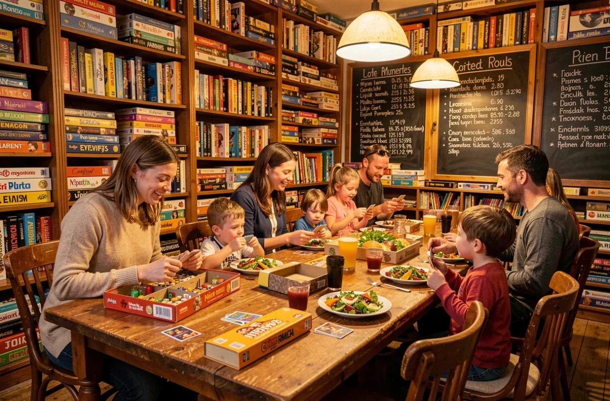 Familles jouant à des jeux de société tout en dînant au restaurant Tire-toi une Bûche à Lyon, entourées d'étagères de jeux