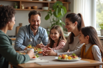 Travailleur social avec famille dans la cuisine chaleureuse