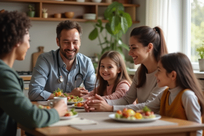 Travailleur social avec famille dans la cuisine chaleureuse