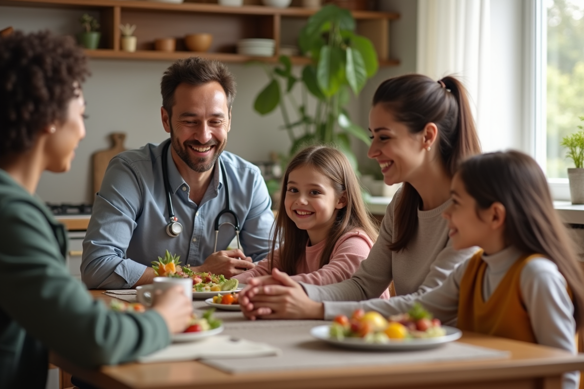 Travailleur social avec famille dans la cuisine chaleureuse
