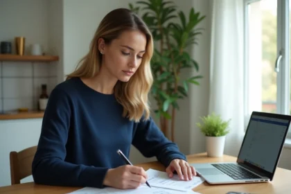 Employeur vérifiant le calcul du salaire annuel de son assistante maternelle avec des fiches de paie et une calculatrice sur une table en bois