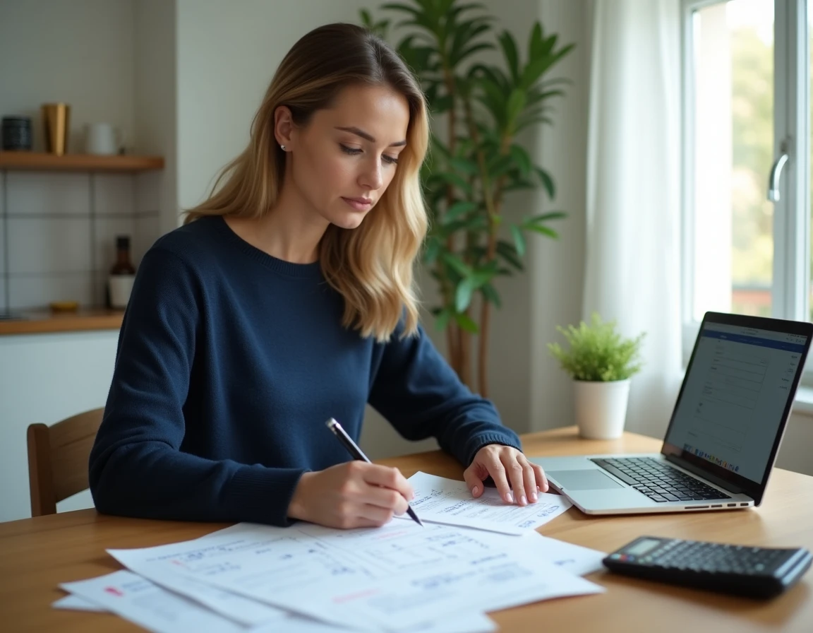Employeur vérifiant le calcul du salaire annuel de son assistante maternelle avec des fiches de paie et une calculatrice sur une table en bois
