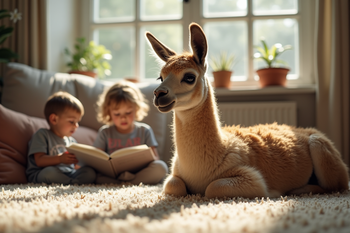 Vicuña allongée dans le salon avec deux enfants lisant