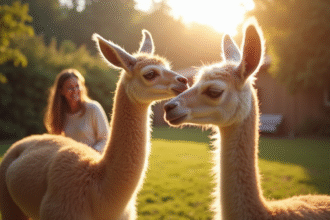 Vicuña interagissant avec une famille dans le jardin ensoleille