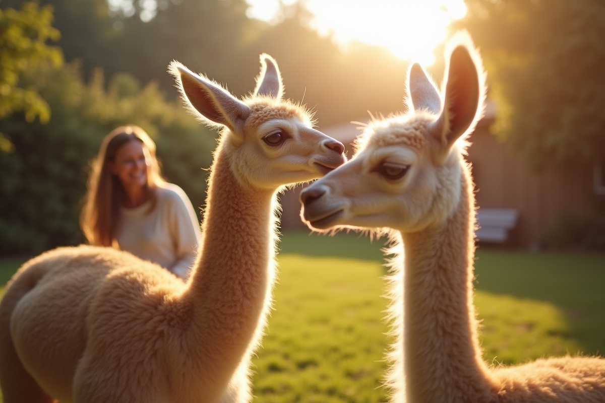 Vicuña interagissant avec une famille dans le jardin ensoleille