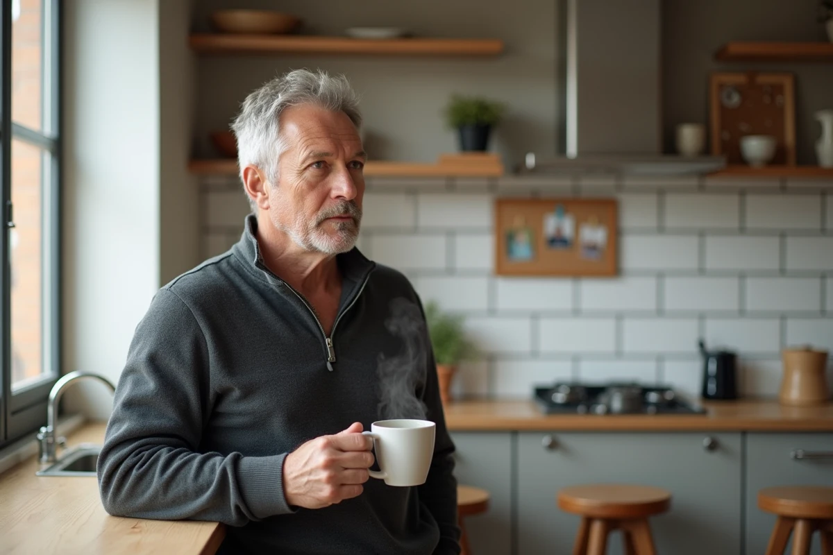 Homme d'âge mûr tenant une tasse de café dans une cuisine familiale, atmosphère quotidienne et personnelle évoquant la vie privée