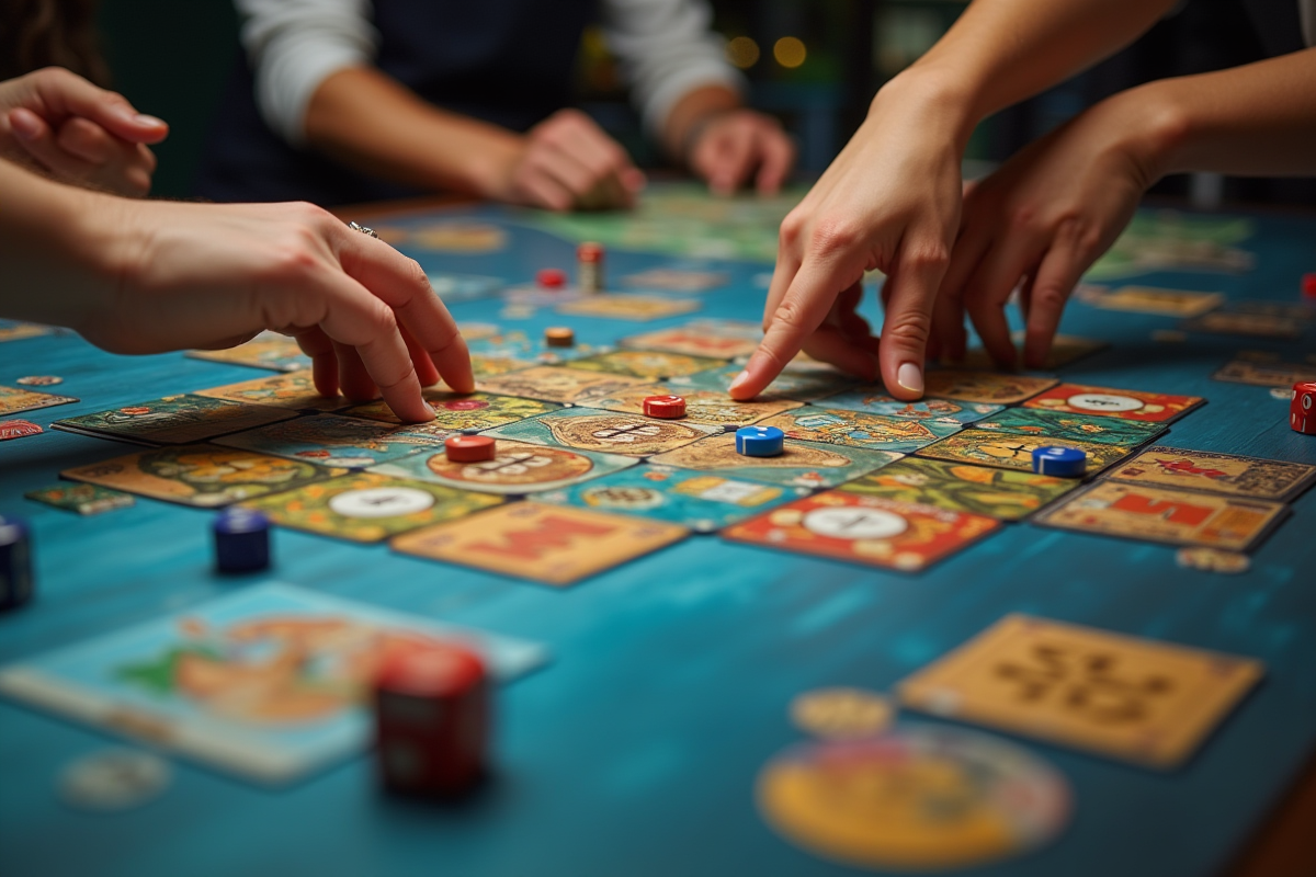 Vue de dessus de jeux de société avec mains et jetons colorés